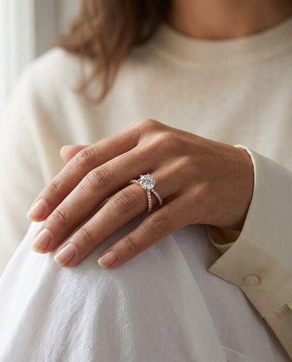 2 1/4ctw Round Diamond Engagement Ring With Crossover Pave Shank In 14k Rose Gold, Igi-certified — editorial close-up