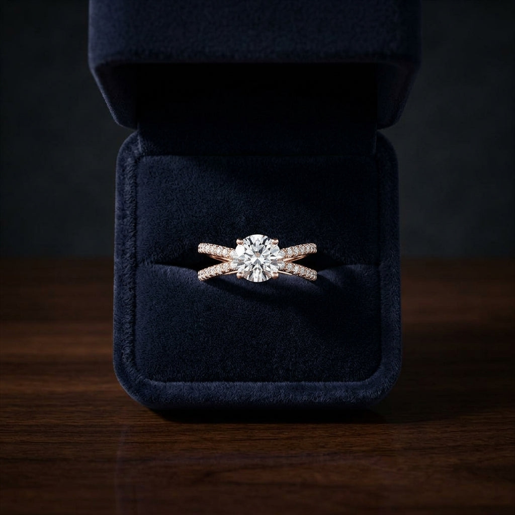 2 1/4ctw Round Diamond Engagement Ring With Crossover Pave Shank In 14k Rose Gold, Igi-certified — gift presentation