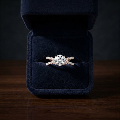 2 1/4ctw Round Diamond Engagement Ring With Crossover Pave Shank In 14k Rose Gold, Igi-certified — gift presentation