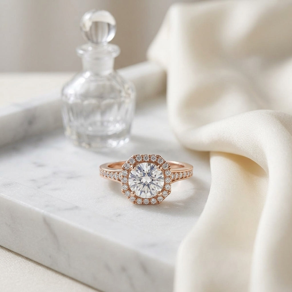 1 1/3ctw Round Diamond Engagement Ring With Octagon Halo Frame And Pave Shank In 14k Rose Gold, Igi-certified — atelier still life