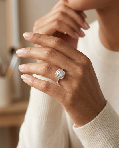 1 1/3ctw Round Diamond Engagement Ring With Octagon Halo Frame And Pave Shank In 14k Rose Gold, Igi-certified — editorial close-up