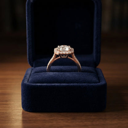 1 1/3ctw Round Diamond Engagement Ring With Octagon Halo Frame And Pave Shank In 14k Rose Gold, Igi-certified — gift presentation