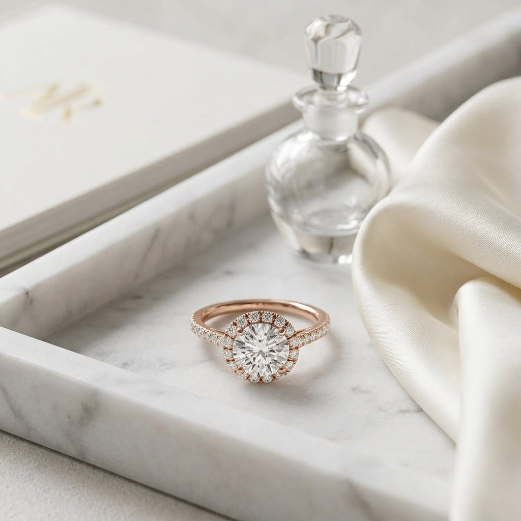 1 3/8ctw Round Diamond Halo Engagement Ring With Petite Pave Shank In 14k Rose Gold, Igi-certified — atelier still life