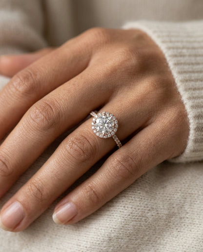 1 3/8ctw Round Diamond Halo Engagement Ring With Petite Pave Shank In 14k Rose Gold, Igi-certified — editorial close-up
