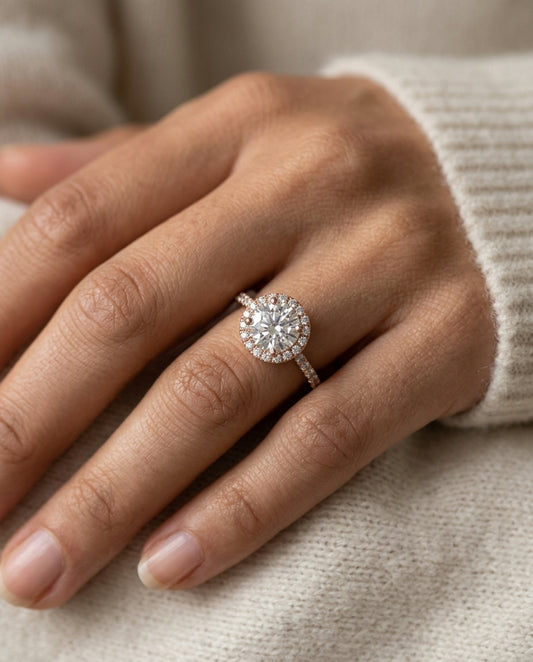 1 3/8ctw Round Diamond Halo Engagement Ring With Petite Pave Shank In 14k Rose Gold, Igi-certified — editorial close-up