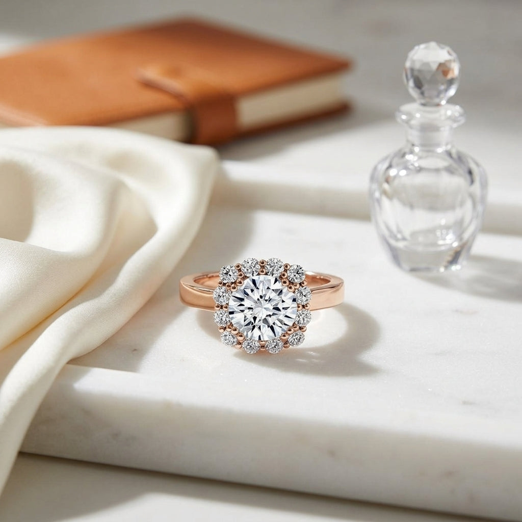 1 3/8ctw Round Diamond Halo Engagement Ring In 14k Rose Gold, Igi-certified — atelier still life