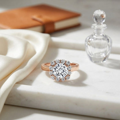 1 3/8ctw Round Diamond Halo Engagement Ring In 14k Rose Gold, Igi-certified — atelier still life