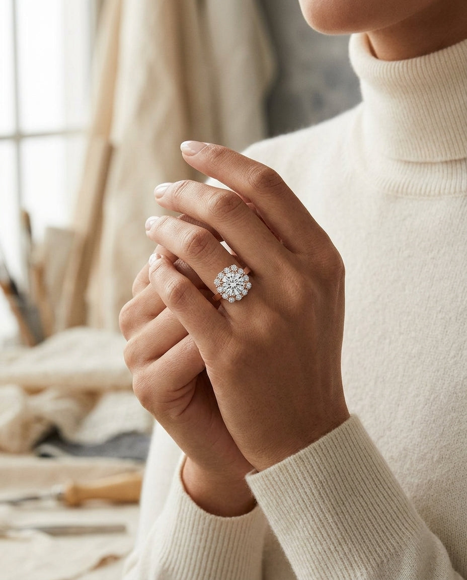 1 3/8ctw Round Diamond Halo Engagement Ring In 14k Rose Gold, Igi-certified — editorial close-up