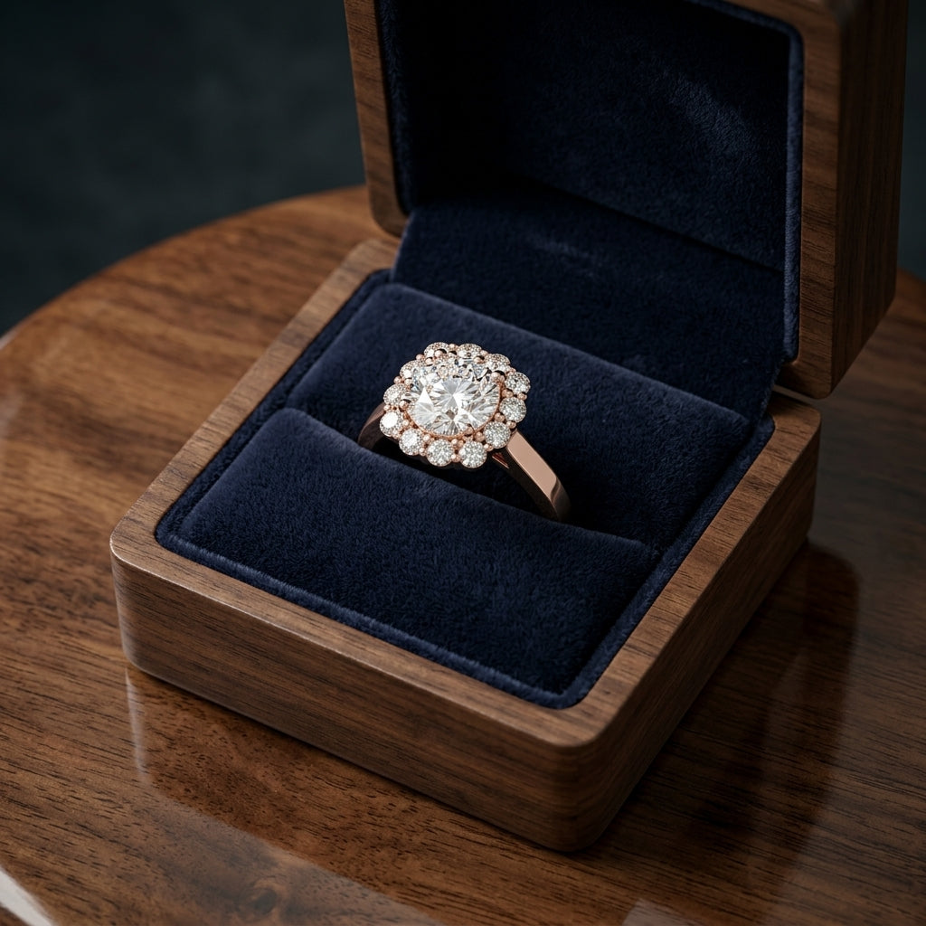 1 3/8ctw Round Diamond Halo Engagement Ring In 14k Rose Gold, Igi-certified — gift presentation