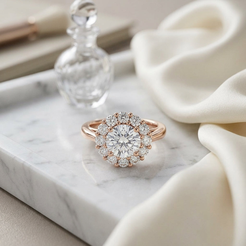 1 4/5ctw Round Diamond Prong-set Halo Engagement Ring In 14k Rose Gold, Igi-certified — atelier still life