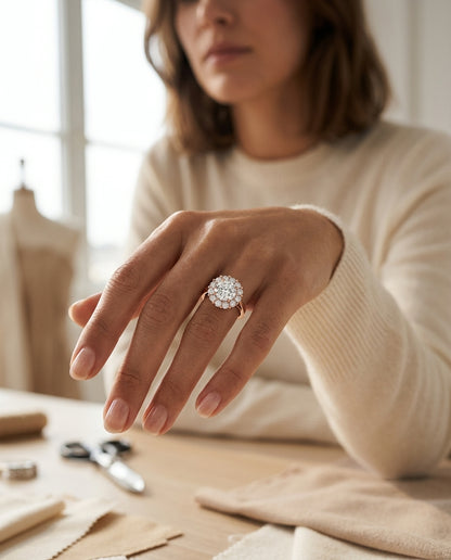 1 4/5ctw Round Diamond Prong-set Halo Engagement Ring In 14k Rose Gold, Igi-certified — editorial close-up