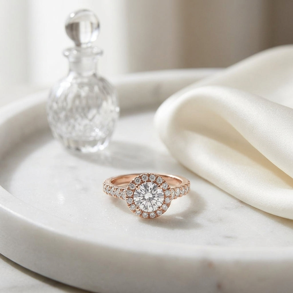 1 2/3ctw Round Diamond Halo Engagement Ring With Graduated Shank In 14k Rose Gold, Igi-certified — atelier still life