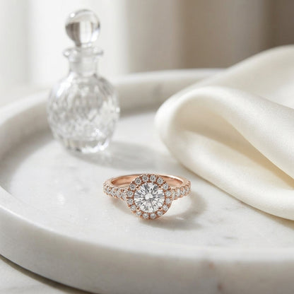 1 2/3ctw Round Diamond Halo Engagement Ring With Graduated Shank In 14k Rose Gold, Igi-certified — atelier still life