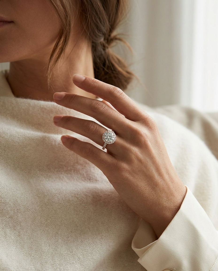 1 2/3ctw Round Diamond Halo Engagement Ring With Graduated Shank In 14k Rose Gold, Igi-certified — editorial close-up