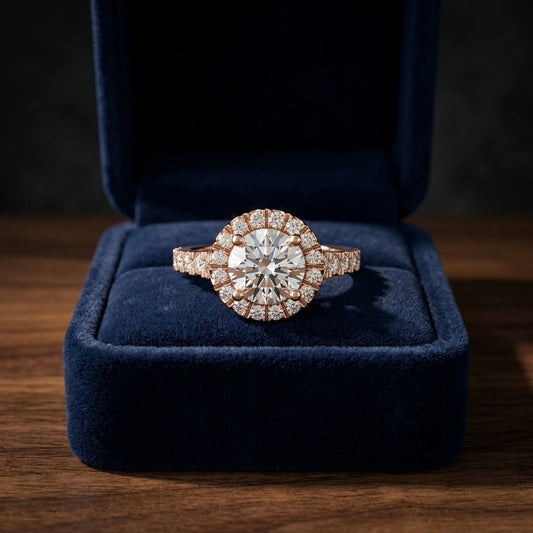1 2/3ctw Round Diamond Halo Engagement Ring With Graduated Shank In 14k Rose Gold, Igi-certified — gift presentation