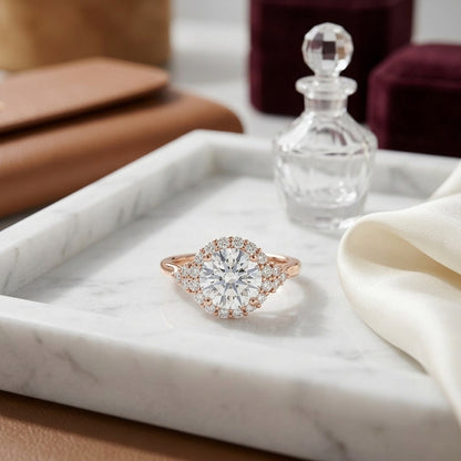 1 1/4ctw Round Diamond Halo Engagement Ring With Scroll Gallery In 14k Rose Gold, Igi-certified — atelier still life