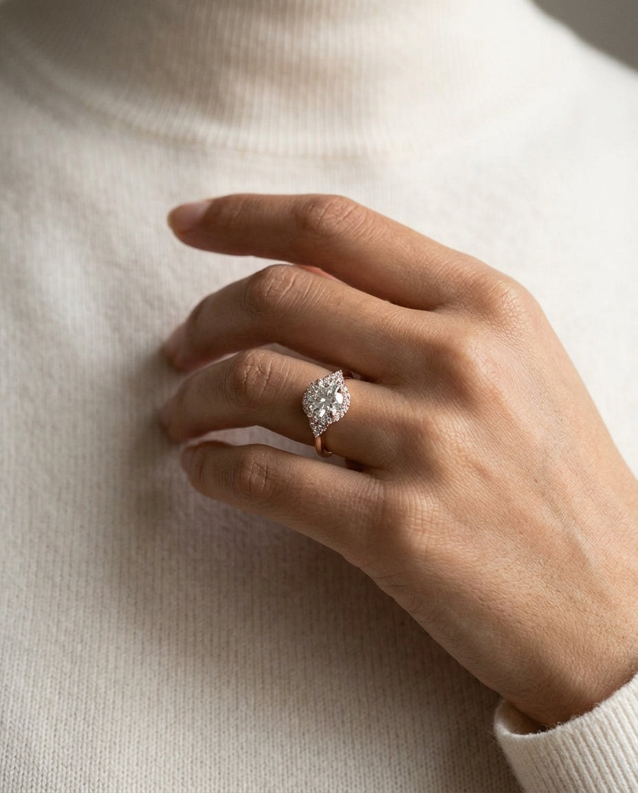 1 1/4ctw Round Diamond Halo Engagement Ring With Scroll Gallery In 14k Rose Gold, Igi-certified — editorial close-up