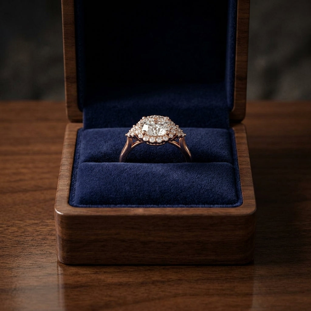 1 1/4ctw Round Diamond Halo Engagement Ring With Scroll Gallery In 14k Rose Gold, Igi-certified — gift presentation