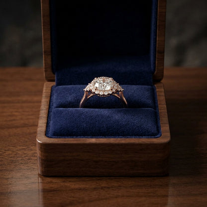 1 1/4ctw Round Diamond Halo Engagement Ring With Scroll Gallery In 14k Rose Gold, Igi-certified — gift presentation