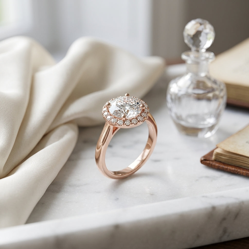 1 1/5ctw Round Diamond Classic Halo Engagement Ring In 14k Rose Gold, Igi-certified — atelier still life