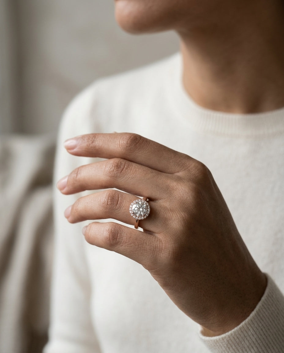1 1/5ctw Round Diamond Classic Halo Engagement Ring In 14k Rose Gold, Igi-certified — editorial close-up