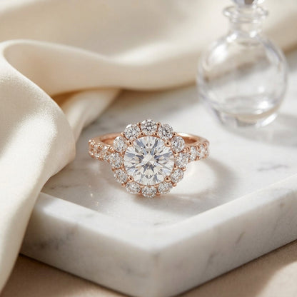 2 1/16ctw Round Diamond Halo Engagement Ring With Pave Shank In 14k Rose Gold, Igi-certified — atelier still life