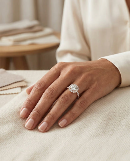 2 1/16ctw Round Diamond Halo Engagement Ring With Pave Shank In 14k Rose Gold, Igi-certified — editorial close-up