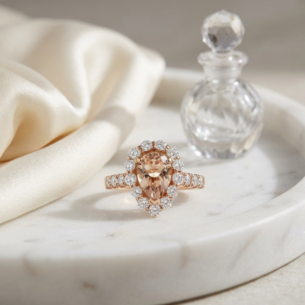 Morganite Pear Shape Halo Engagement Ring 14k Rose Gold 1-1/3ctw — atelier still life