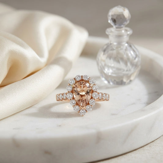 Morganite Pear Shape Halo Engagement Ring 14k Rose Gold 1-1/3ctw — atelier still life
