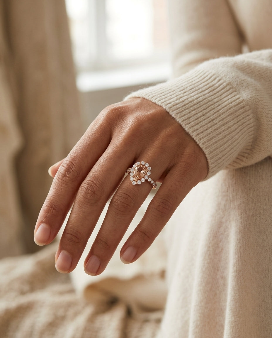 Morganite Pear Shape Halo Engagement Ring 14k Rose Gold 1-1/3ctw — editorial close-up