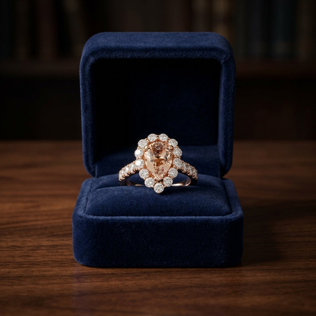 Morganite Pear Shape Halo Engagement Ring 14k Rose Gold 1-1/3ctw — gift presentation