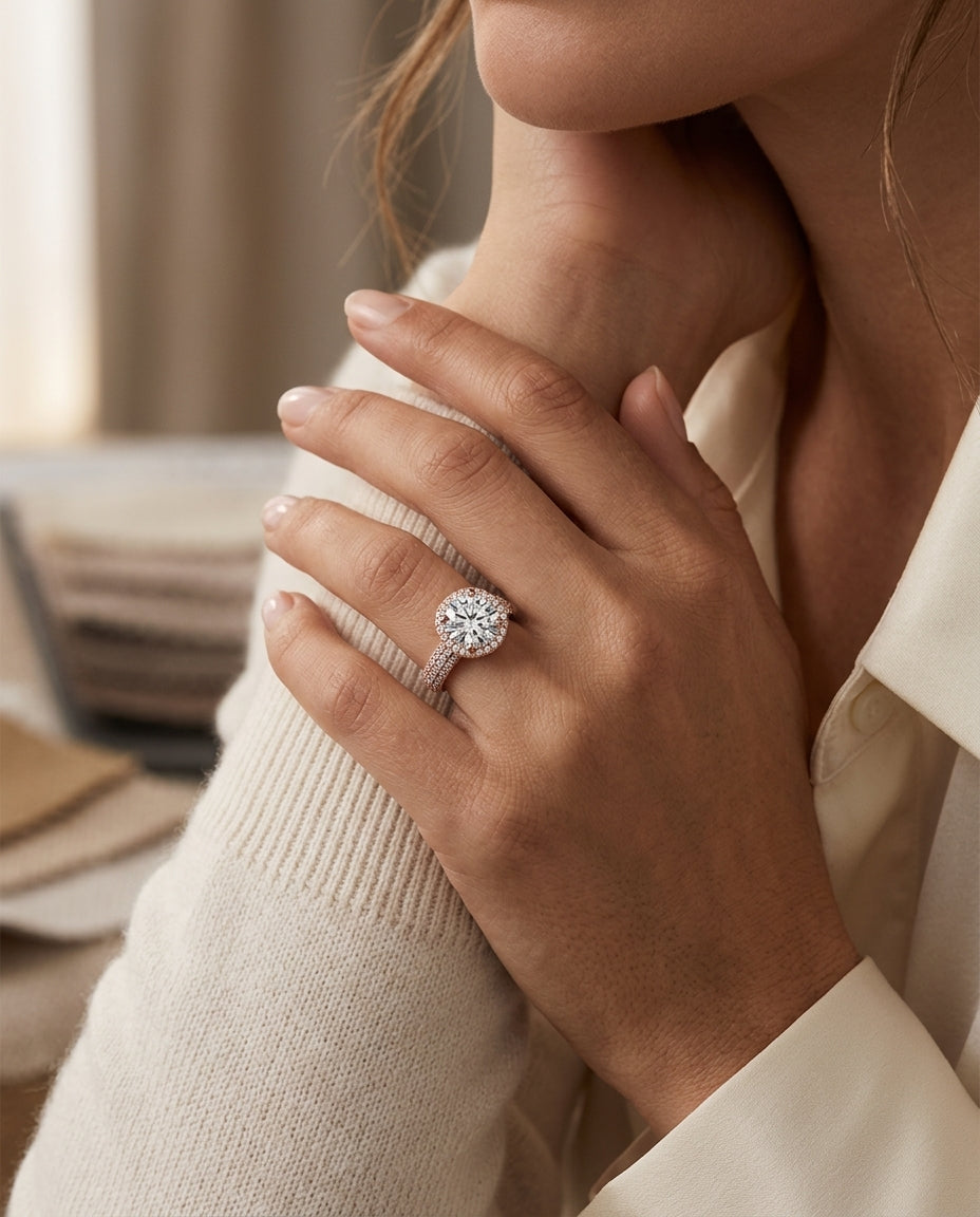1 4/5ctw Round Diamond Pave Engagement Ring With Triple Row Shank In 14k Rose Gold -, Igi-certified — editorial close-up