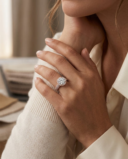 1 4/5ctw Round Diamond Pave Engagement Ring With Triple Row Shank In 14k Rose Gold -, Igi-certified — editorial close-up