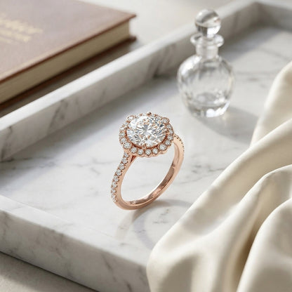 1 1/4ctw Round Diamond Scalloped Halo Engagement Ring With Graduated Shank In 14k Rose Gold, Igi-certified — atelier still life