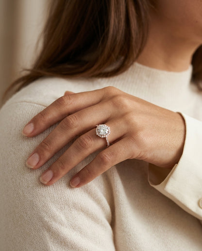 1 1/4ctw Round Diamond Scalloped Halo Engagement Ring With Graduated Shank In 14k Rose Gold, Igi-certified — editorial close-up