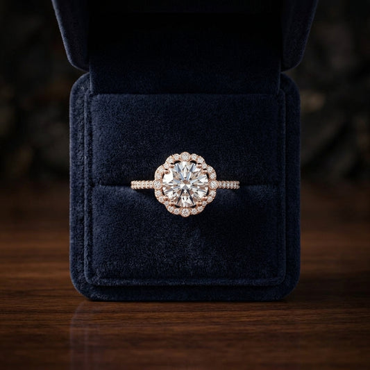 1 1/4ctw Round Diamond Scalloped Halo Engagement Ring With Graduated Shank In 14k Rose Gold, Igi-certified — gift presentation