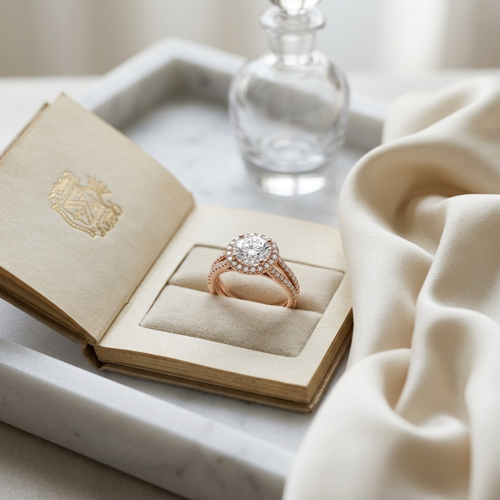 1 3/8ctw Round Diamond Halo Engagement Ring With Pave Split Shank In 14k Rose Gold, Igi-certified — atelier still life