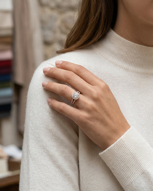 1 3/8ctw Round Diamond Halo Engagement Ring With Pave Split Shank In 14k Rose Gold, Igi-certified — editorial close-up