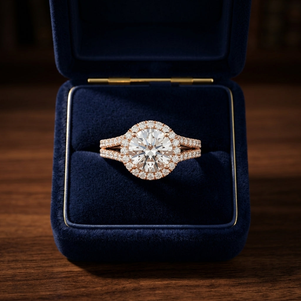 1 3/8ctw Round Diamond Halo Engagement Ring With Pave Split Shank In 14k Rose Gold, Igi-certified — gift presentation