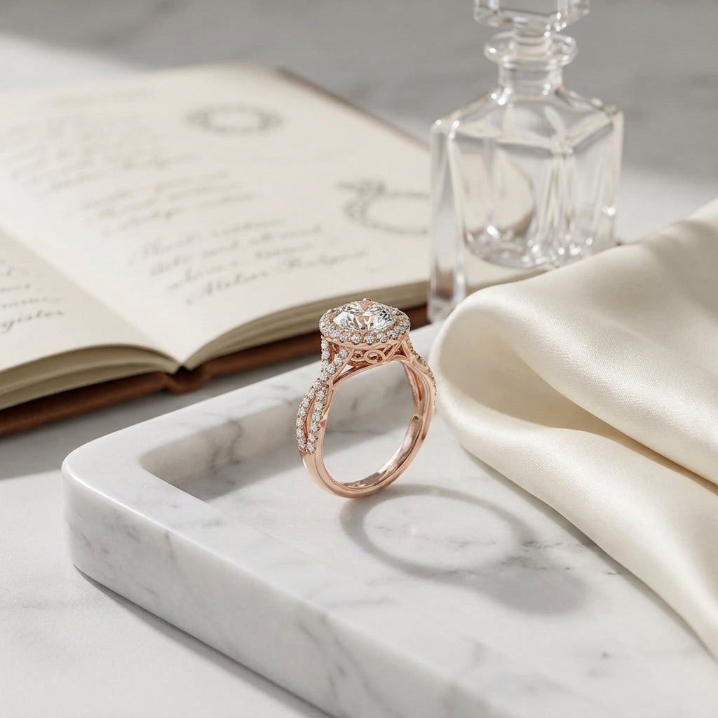 1 1/2ctw Round Diamond Halo Engagement Ring With Infinity Shank In 14k Rose Gold, Igi-certified — atelier still life