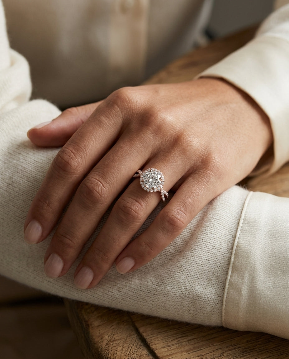 1 1/2ctw Round Diamond Halo Engagement Ring With Infinity Shank In 14k Rose Gold, Igi-certified — editorial close-up
