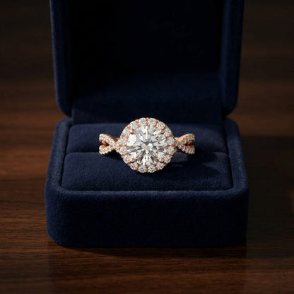1 1/2ctw Round Diamond Halo Engagement Ring With Infinity Shank In 14k Rose Gold, Igi-certified — gift presentation