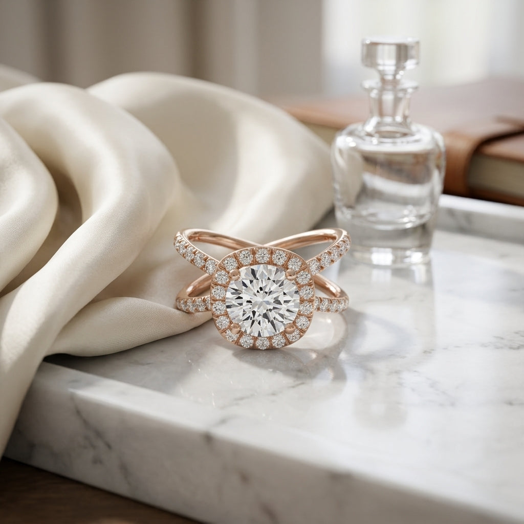 1 1/2ctw Round Diamond Halo Engagement Ring With Crossover Pave Shank In 14k Rose Gold, Igi-certified — atelier still life