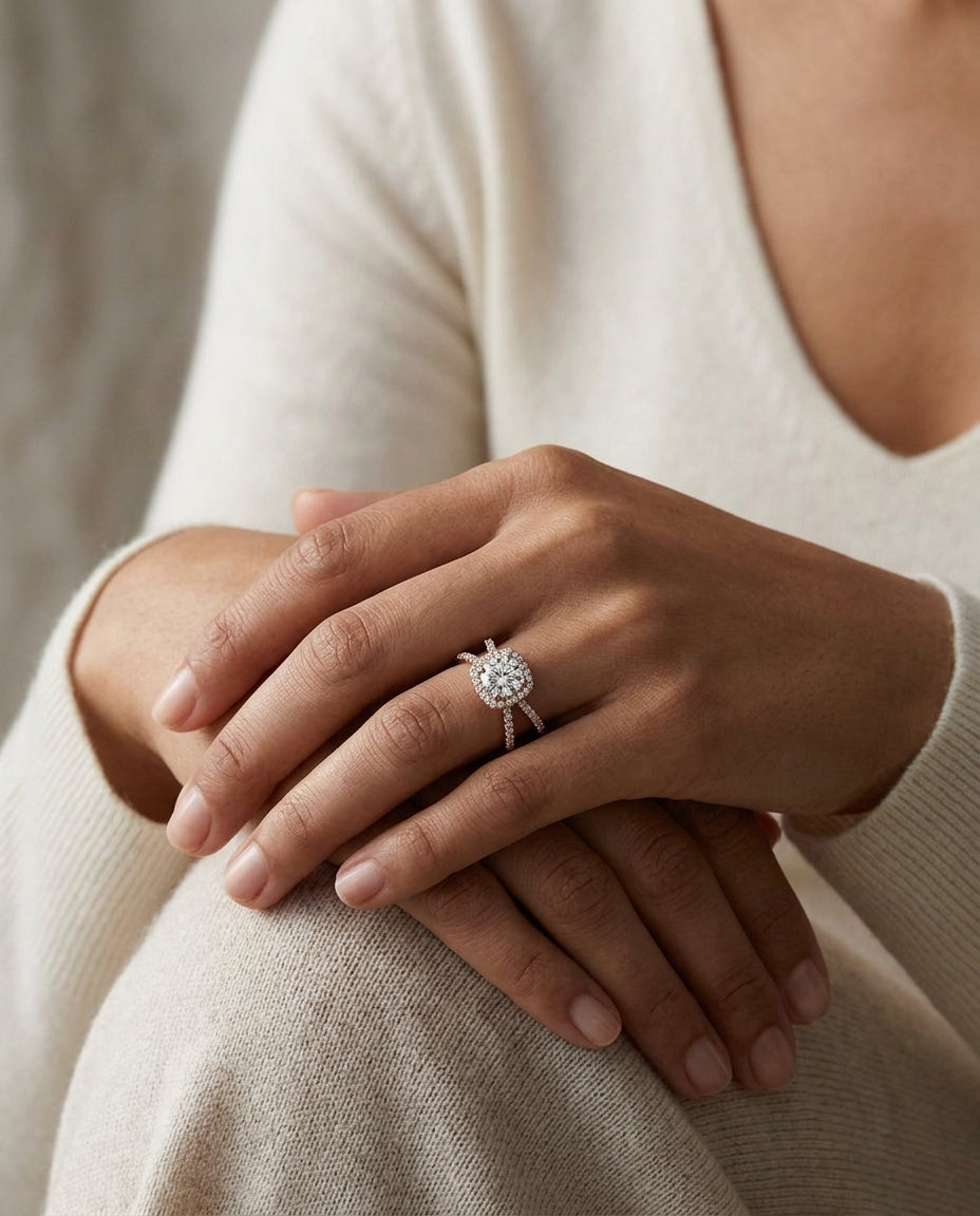 1 1/2ctw Round Diamond Halo Engagement Ring With Crossover Pave Shank In 14k Rose Gold, Igi-certified — editorial close-up
