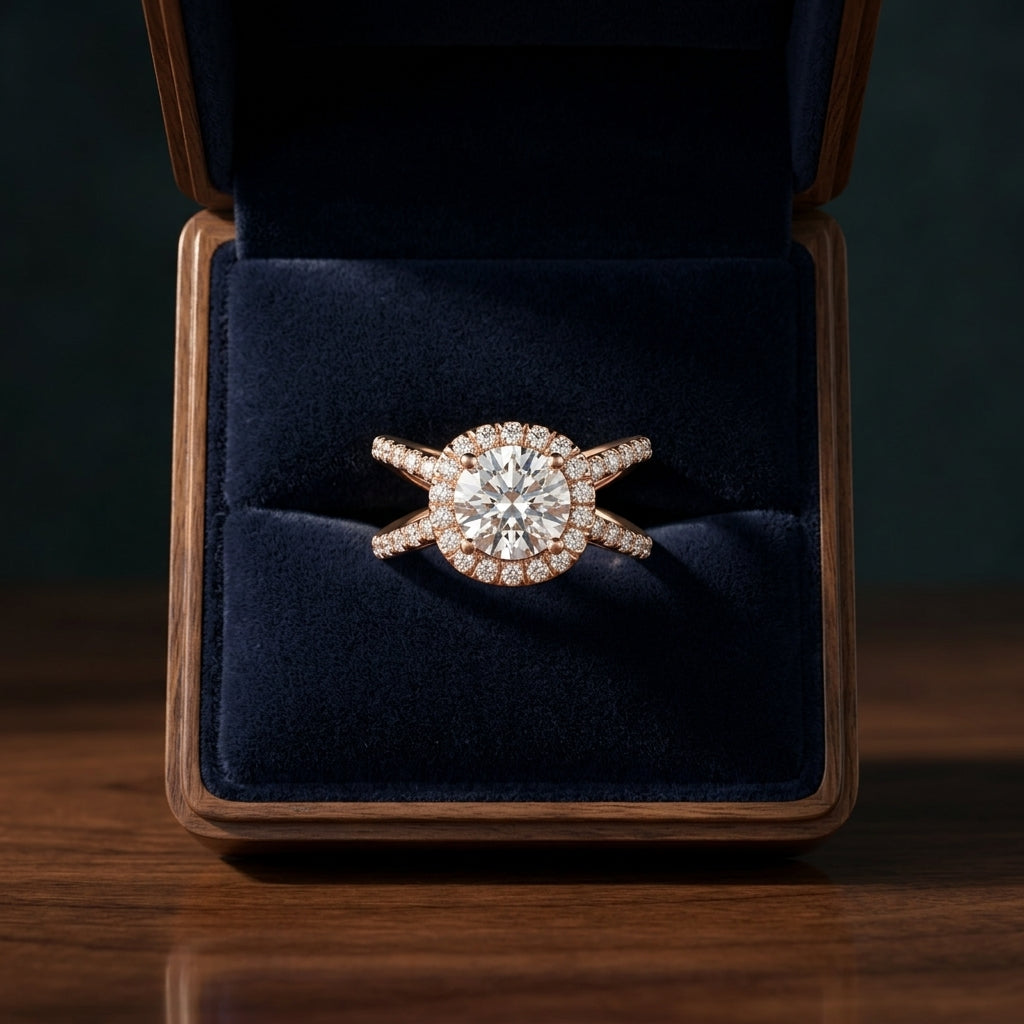 1 1/2ctw Round Diamond Halo Engagement Ring With Crossover Pave Shank In 14k Rose Gold, Igi-certified — gift presentation