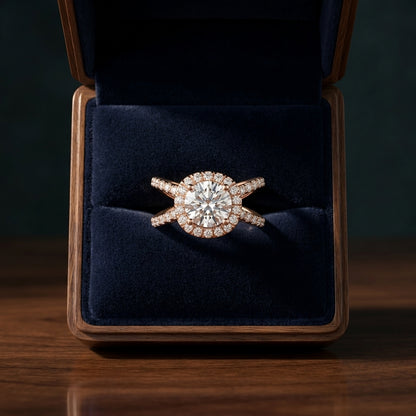 1 1/2ctw Round Diamond Halo Engagement Ring With Crossover Pave Shank In 14k Rose Gold, Igi-certified — gift presentation