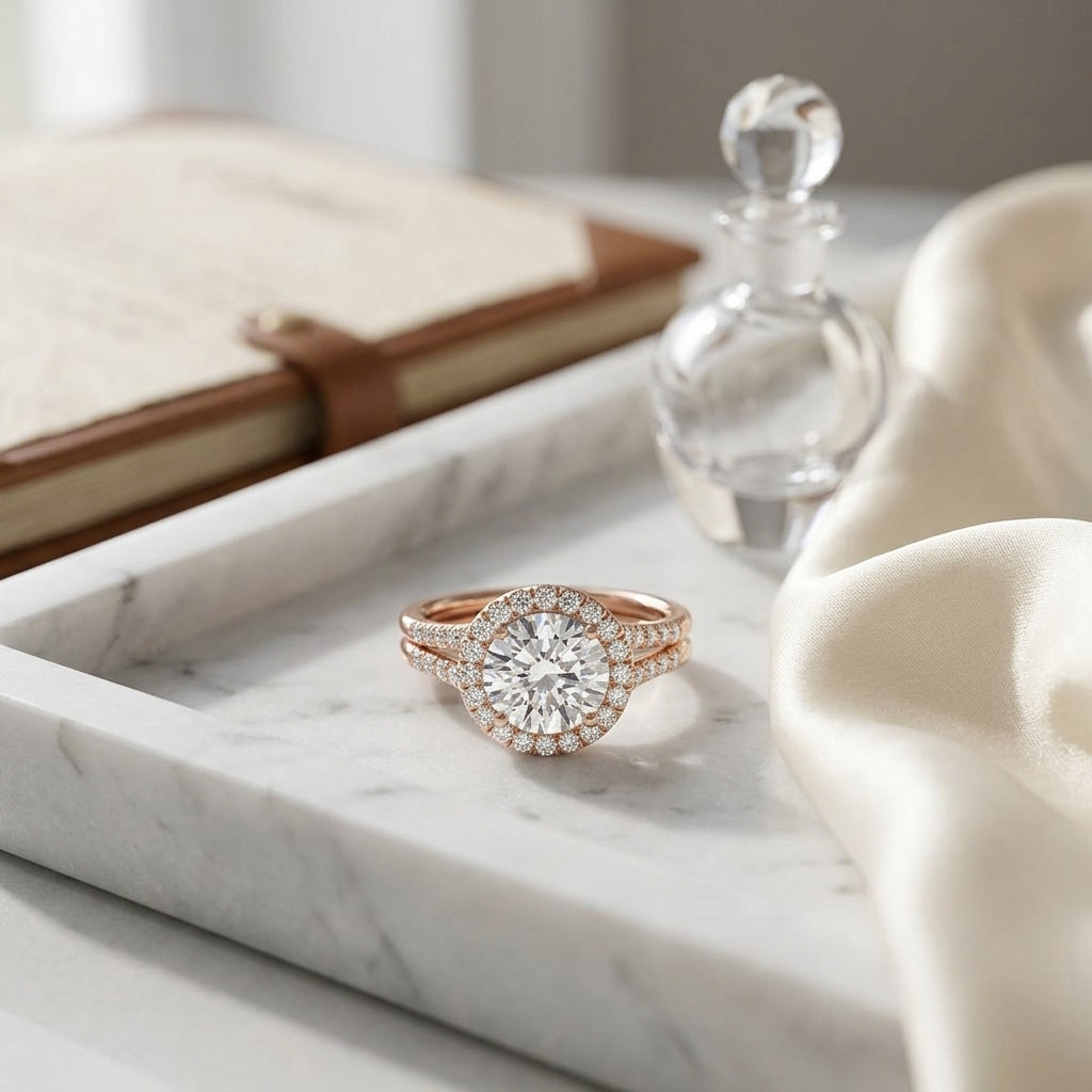 1 3/8ctw Round Diamond Halo Split Shank Engagement Ring In 14k Rose Gold, Igi-certified — atelier still life