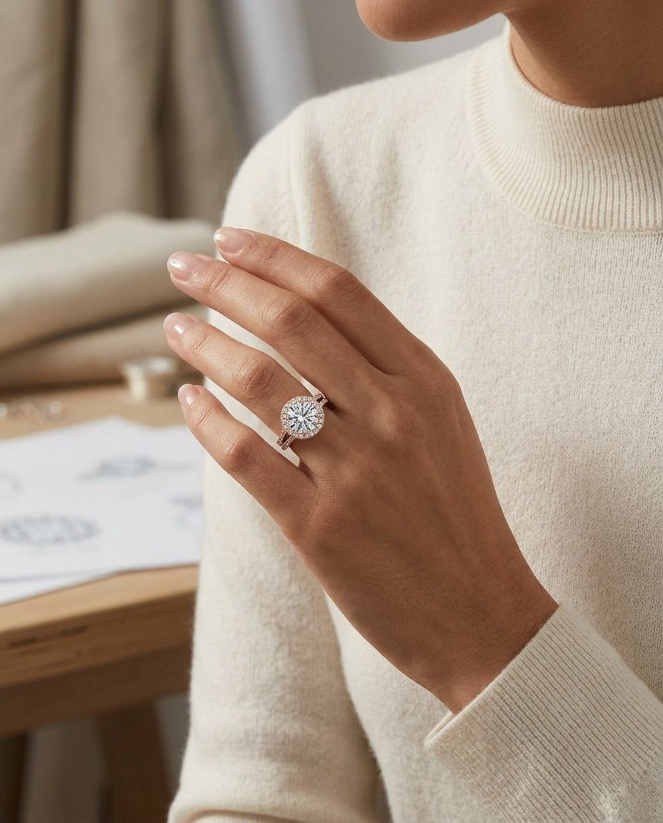 1 3/8ctw Round Diamond Halo Split Shank Engagement Ring In 14k Rose Gold, Igi-certified — editorial close-up