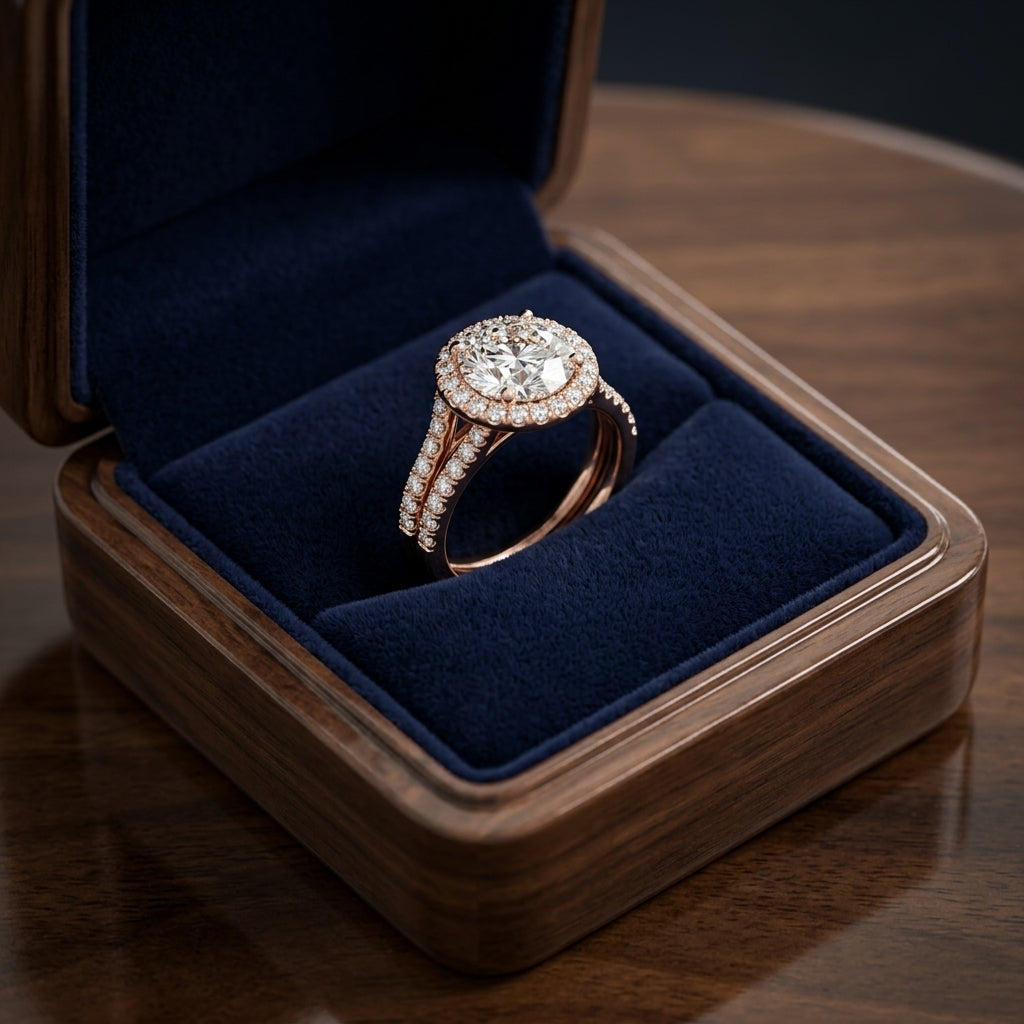 1 3/8ctw Round Diamond Halo Split Shank Engagement Ring In 14k Rose Gold, Igi-certified — gift presentation