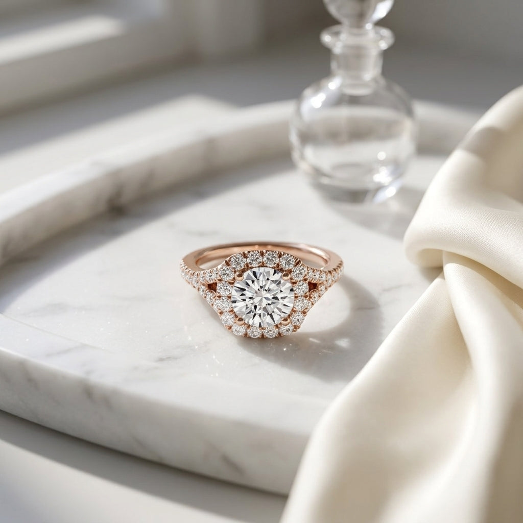 1 1/2ctw Round Diamond Square Halo Engagement With Pave Split Shank In 14k Rose Gold, Igi-certified — atelier still life